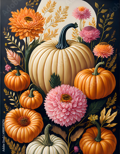 pumpkin, halloween, pumpkins, thanksgiving, flowers, flower, flora, new, card, copy space, design, banner, orange, fall, autumn, vegetable, harvest, october, seasonal, farm, drawing, painting, 3d