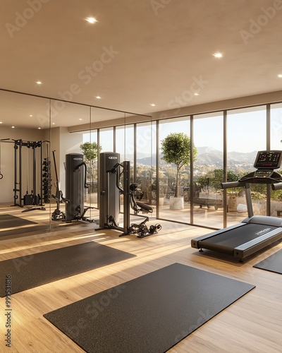 Modern gym with large windows, wooden floor, and fitness equipment, including a treadmill and a weight machine, facing a beautiful mountainous view. photo