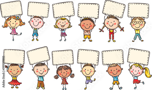 Set of cartoon happy kids holding blank signs, banners or blank papera