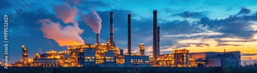 Industrial Power Plant at Dusk with Illuminated Chimneys and Smokestacks Against a Dramatic Sky