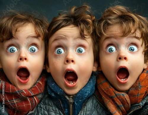 three children's faces with an extremely surprised expression, dilated eyes, an idiotic smile