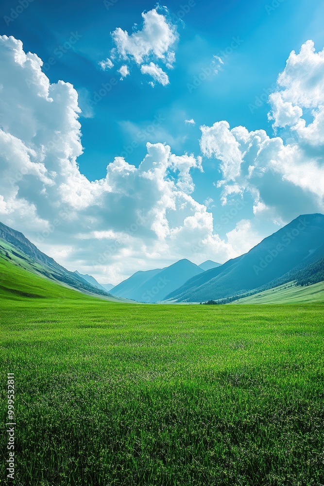Scenic Green Valley with Rolling Hills and Blue Sky on a Sunny Day Scenic Green Valley with Rolling Hills and Blue Sky on a Sunny Day