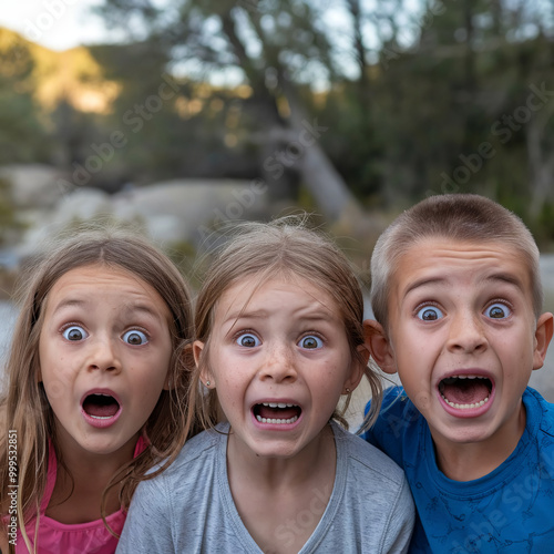 three children's faces with an extremely surprised expression, dilated eyes, an idiotic smile photo