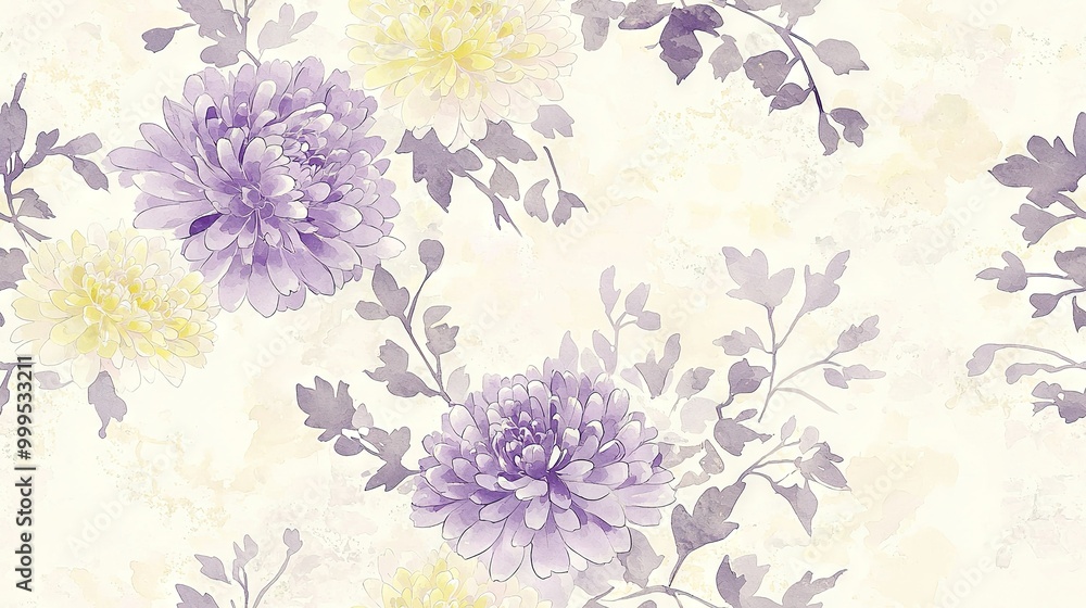 A floral wallpaper featuring purple and yellow blossoms on a cream backdrop with incorporated foliage A floral wallpaper featuring purple and yellow blossoms on a cream backdrop with incorporated foliage