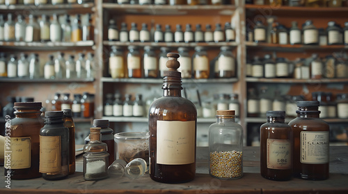 A collection of vintage apothecary bottles on a wooden shelf. The bottles are filled with various liquids and powders.