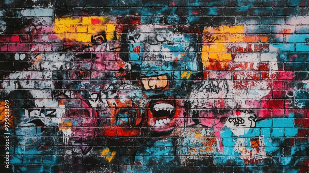 Vibrant Urban Graffiti on Brick Wall with Colorful Abstract Art and Street Style Vibrant Urban Graffiti on Brick Wall with Colorful Abstract Art and Street Style