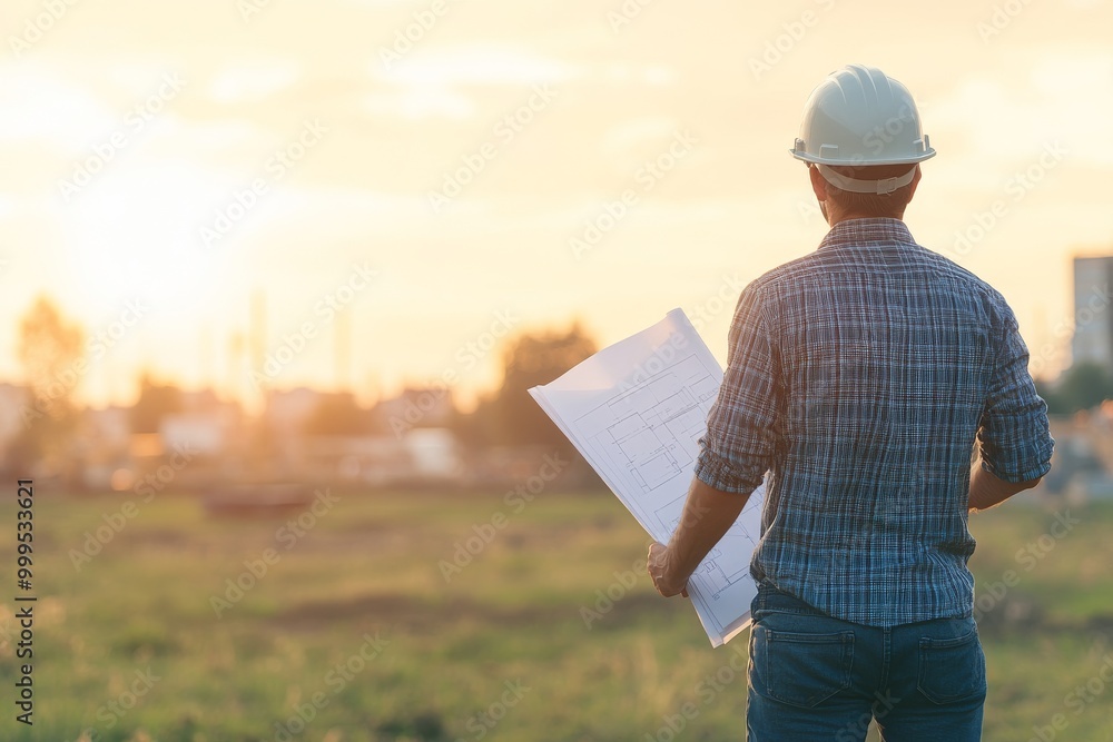Architect Examining Blueprint at Sunset