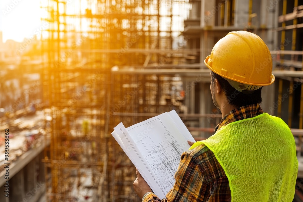 Construction Worker Examining Building Plans Construction Worker Examining Building Plans