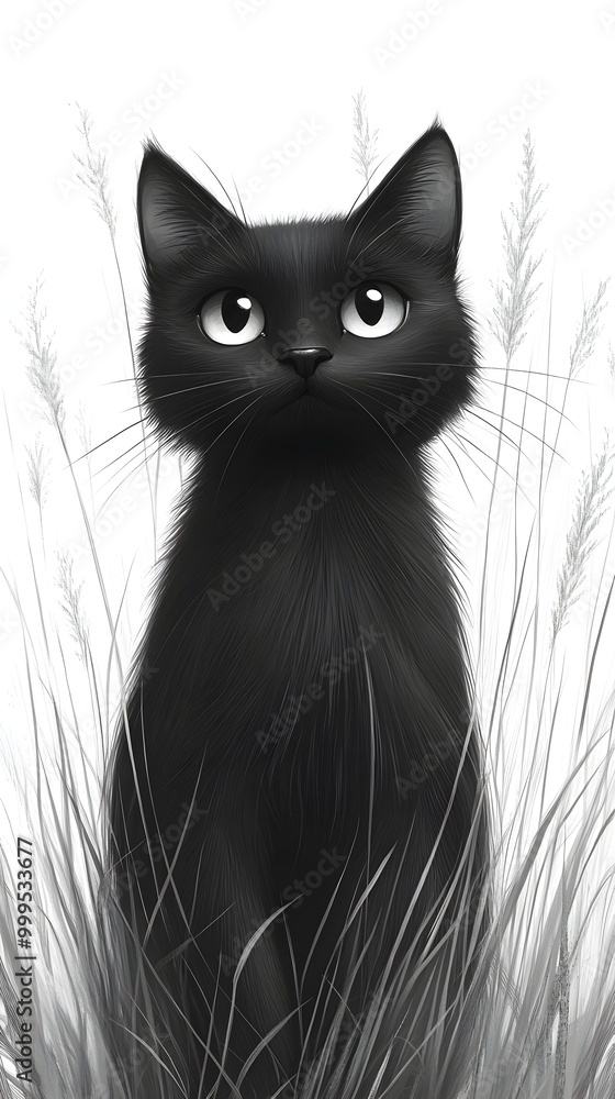 Elegant Black Cat Sitting Amidst Detailed Minimalist Ink Drawing Elegant Black Cat Sitting Amidst Detailed Minimalist Ink Drawing