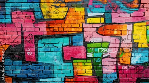 Colorful Abstract Graffiti Art on Urban Brick Wall with Geometric Shapes and Vibrant Hues