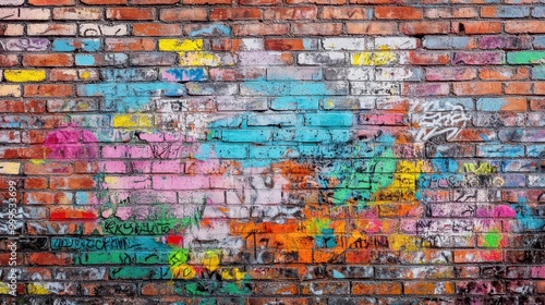 Colorful Urban Graffiti on Brick Wall - Vibrant Street Art Background with Multicolored Paint and Creative Designs