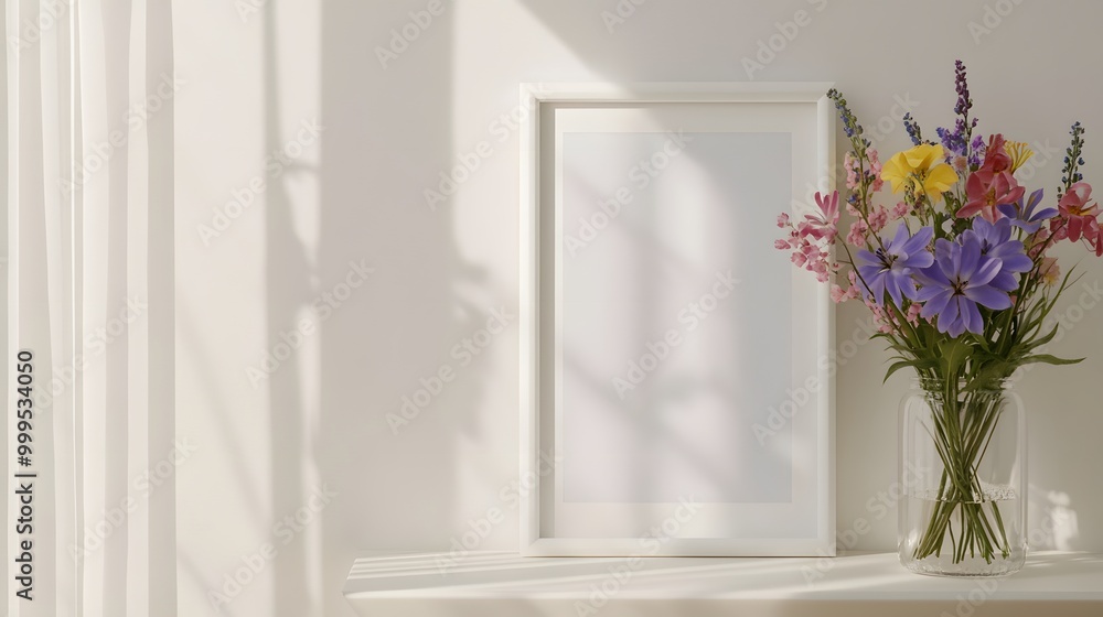 Home interior with decor elements. Mockup with a white frame, spring flowers in a vase on a light background. Home interior with decor elements. Mockup with a white frame, spring flowers in a vase on a light background.