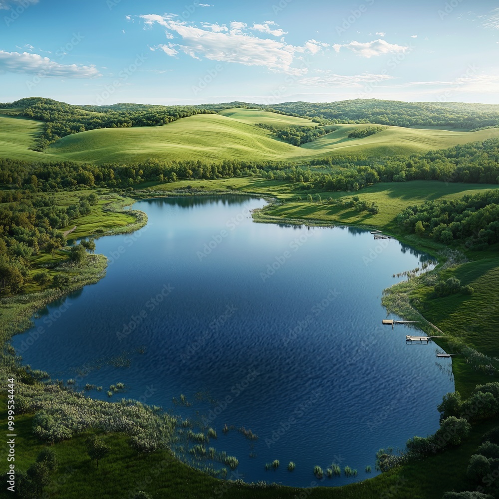 A serene lake bordered by vibrant green hills under a bright blue sky, capturing the beauty of nature and the tranquility of the landscape in a perfect spring day. A serene lake bordered by vibrant green hills under a bright blue sky, capturing the beauty of nature and the tranquility of the landscape in a perfect spring day.