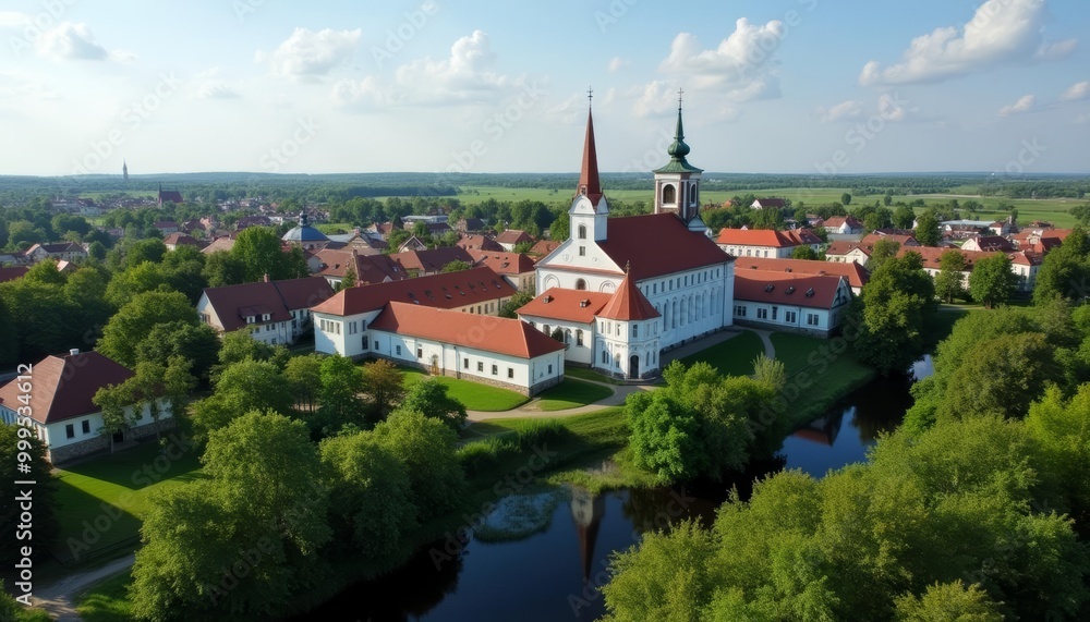 Elegant church nestled amidst lush greenery and tranquil waters Elegant church nestled amidst lush greenery and tranquil waters