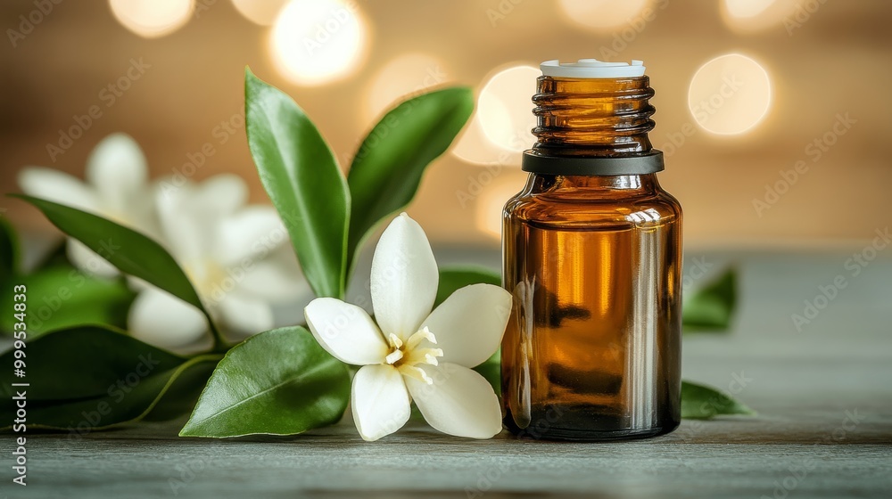 Neroli essential oil in the brown glass bottle with fresh white neroli flower and green leaves.