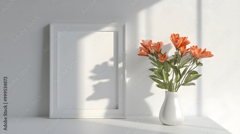 Home interior with decor elements. Mockup with a white frame, spring flowers in a vase on a light background. Home interior with decor elements. Mockup with a white frame, spring flowers in a vase on a light background.