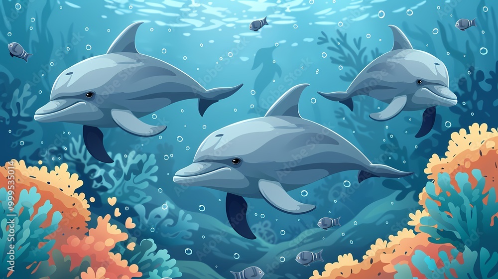 Underwater Dolphin Swimming in Reef Background Pattern Underwater Dolphin Swimming in Reef Background Pattern
