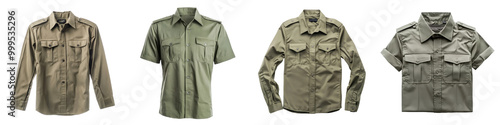 An olive green safari shirt with epaulets isolated on white and transparent background