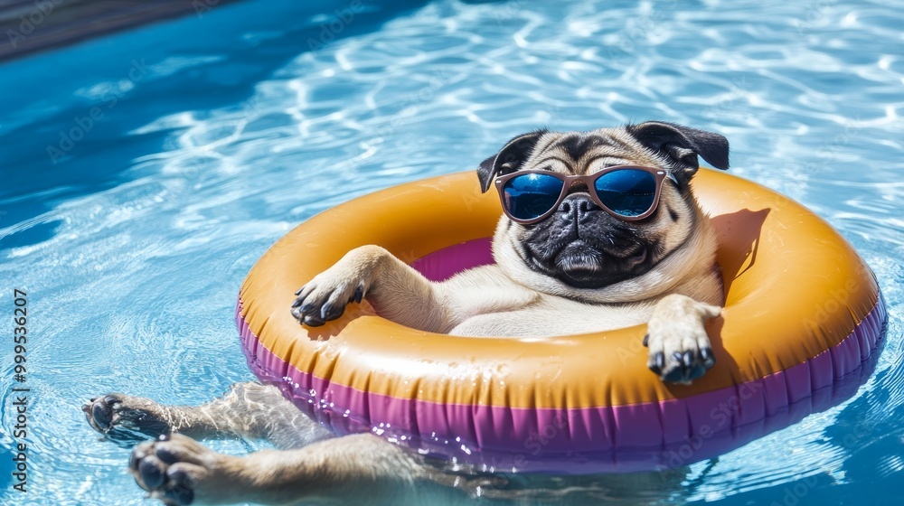 Fototapeta premium Cute pug dog floating in a pool in an inflatable ring and wearing sunglasses