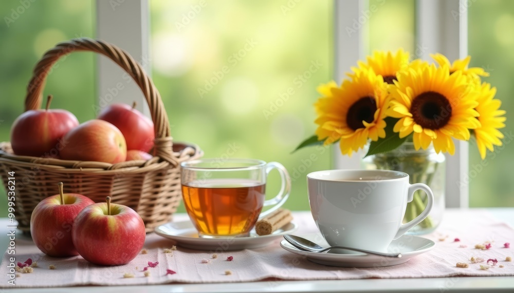 A cozy afternoon tea setting with fresh apples and sunflowers A cozy afternoon tea setting with fresh apples and sunflowers