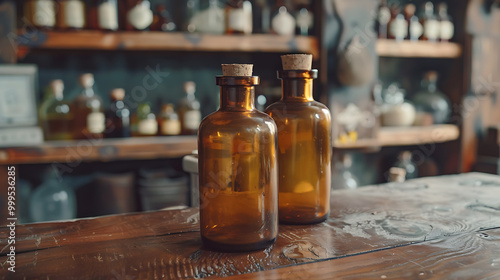 Two amber glass bottles with cork stoppers sit on a rustic wooden table with a shelf full of bottles in the background.