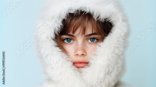  A portrait of an attractive woman with blue eyes wearing a white fur coat and hood