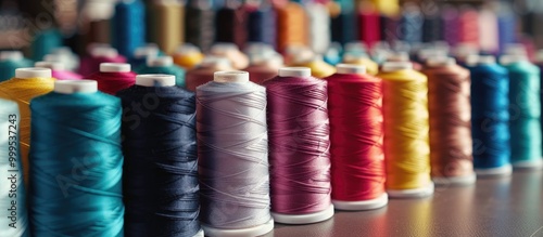 A Vibrant Array Of Colored Sewing Thread Spools Lined Up On A Table Showcasing Materials For Sewing And Design