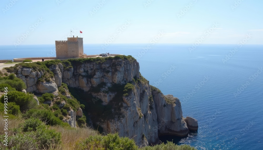 Elevated view of a coastal fortress overlooking the sea Elevated view of a coastal fortress overlooking the sea