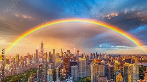 A rainbow appearing over a busy city skyline, contrasting with the urban environment and bringing a moment of beauty after a storm