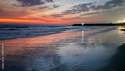 Obraz na płótnie A serene sunset in Carlsbad, California, with vibrant hues reflecting on the ocean's surface and silhouettes of palm trees, capturing the tranquil beauty of the coastal landscape