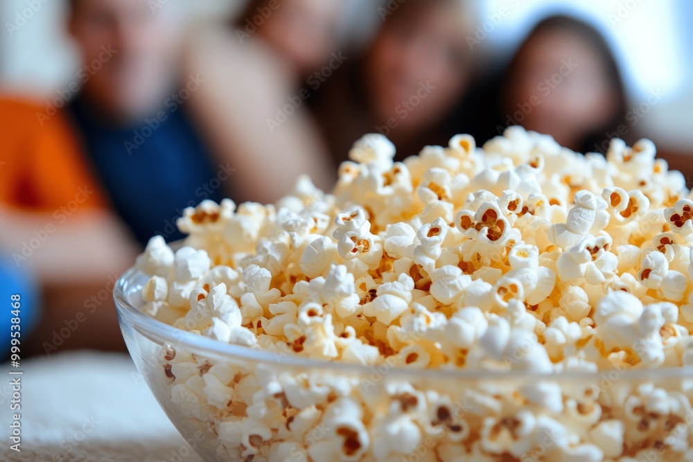 Popcorn Bowl in Front of Blurred Moviegoers Popcorn Bowl in Front of Blurred Moviegoers