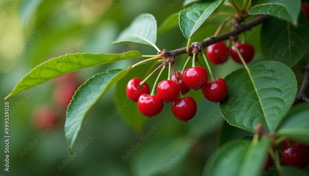 Bountiful harvest of ripe cherries on a tree branch Bountiful harvest of ripe cherries on a tree branch