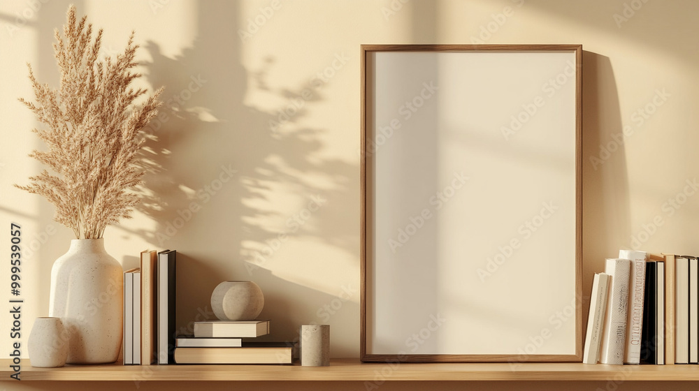 Blank Canvas Mockup with Pampas Grass and Books on Shelf Blank Canvas Mockup with Pampas Grass and Books on Shelf