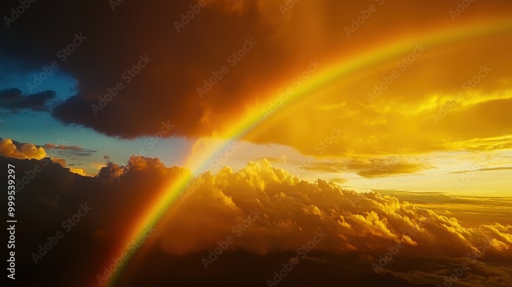 A rainbow illuminated by the golden hues of sunset, creating a warm and serene atmosphere in the sky A rainbow illuminated by the golden hues of sunset, creating a warm and serene atmosphere in the sky