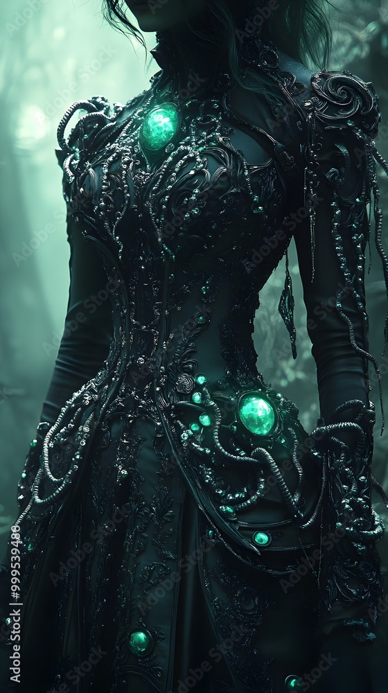Haunting Gothic Fashion Poster with Tentacled Metallic Corset and Eerie Lighting Effects Haunting Gothic Fashion Poster with Tentacled Metallic Corset and Eerie Lighting Effects