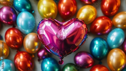 Background of many bright multicolored foil balloons in the shape of a heart photo