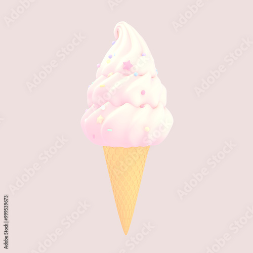 3D render cartoon soft serve ice cream with sprinkles object on pastel background.