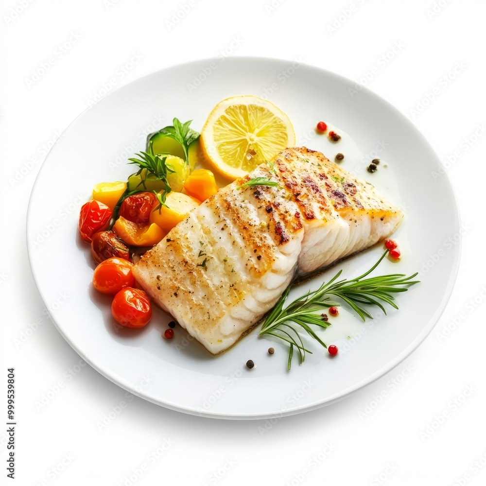 Haute cuisine fish fillet on a plate with vegetables. isolated on white background.