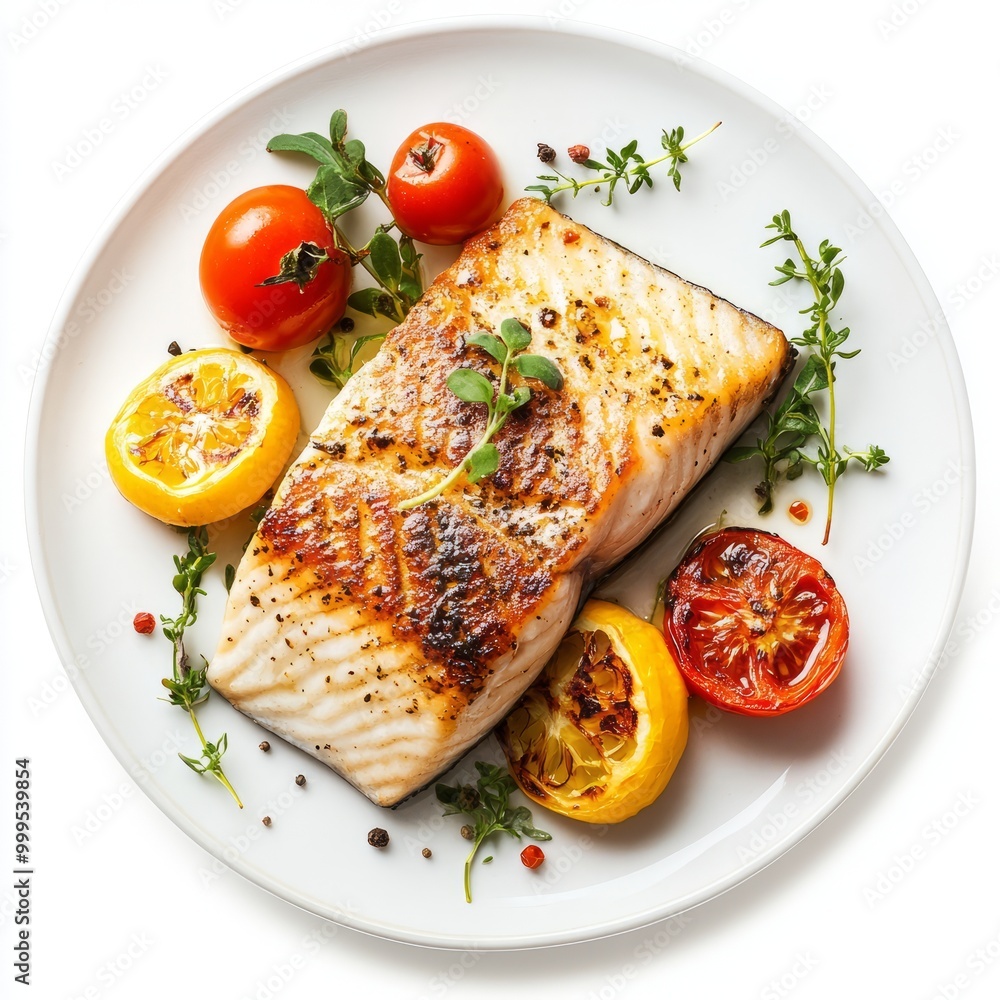 Haute cuisine fish fillet on a plate with vegetables. isolated on white background. Haute cuisine fish fillet on a plate with vegetables. isolated on white background.