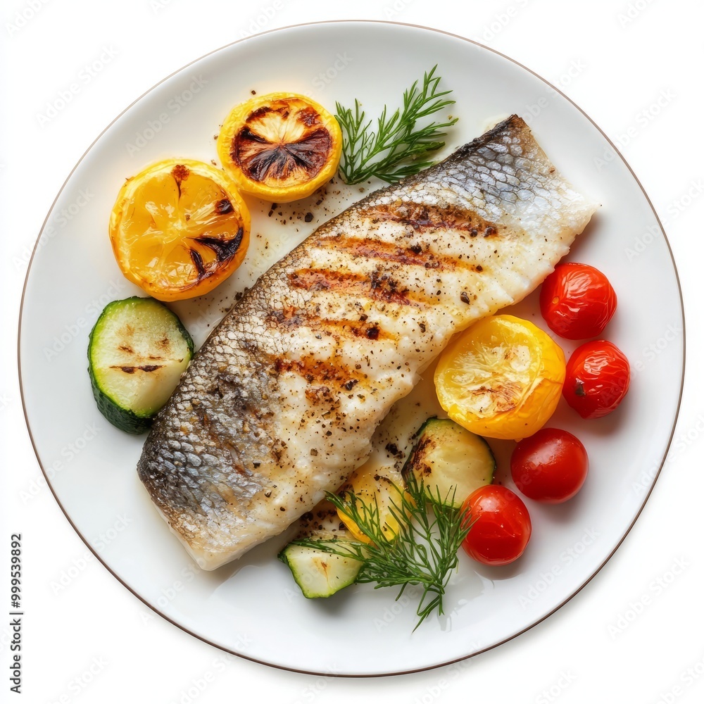 Haute cuisine fish fillet on a plate with vegetables. isolated on white background. Haute cuisine fish fillet on a plate with vegetables. isolated on white background.