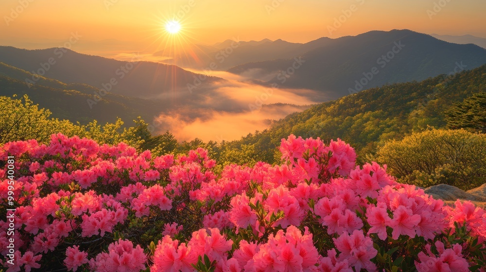 High angle and morning view of royal pink azalea flowers at Hwangmaesan Mountain against sun and mist in the bacgkround High angle and morning view of royal pink azalea flowers at Hwangmaesan Mountain against sun and mist in the bacgkround