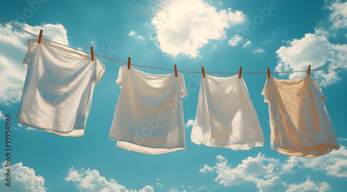 A Row of White Shirts Hanging on the Line with a Bright Blue Sky in the Background 