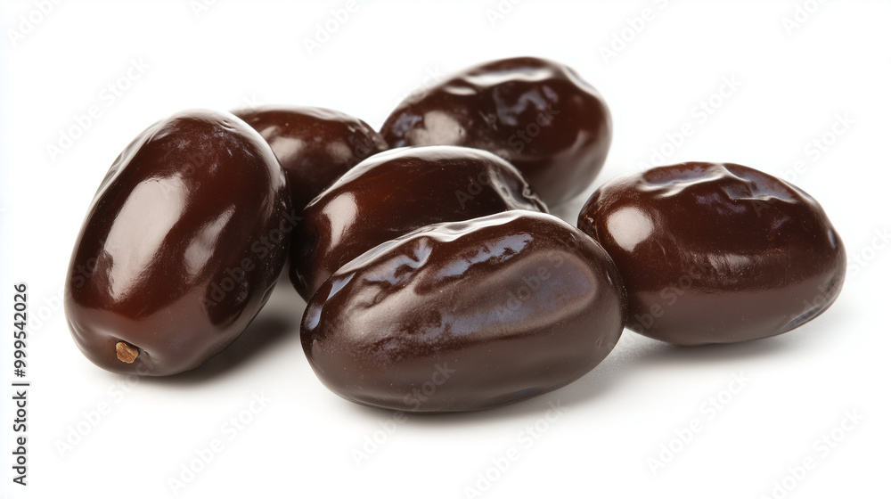 A close-up image of several glossy, dark brown dates that appear ripe and juicy A close-up image of several glossy, dark brown dates that appear ripe and juicy