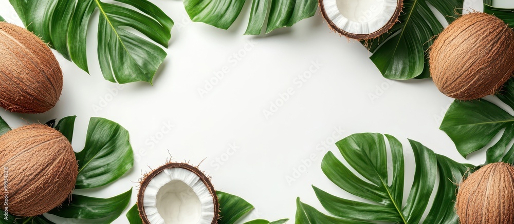 Fresh Coconuts and Tropical Monstera Leaves on White Background - Summer Exotic Fruit and Greenery Flat Lay Fresh Coconuts and Tropical Monstera Leaves on White Background - Summer Exotic Fruit and Greenery Flat Lay