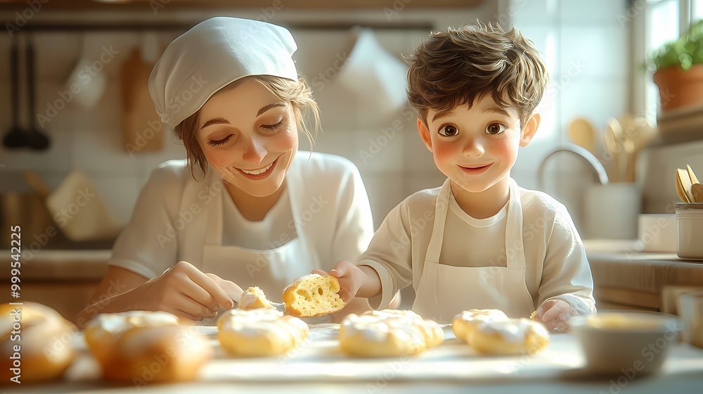 Woman and Boy Enjoying Snacks in a Kitchen Woman and Boy Enjoying Snacks in a Kitchen