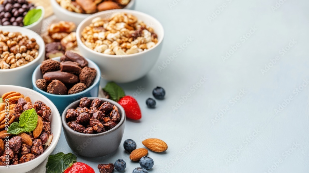 Assorted Nuts and Snacks in Bowls on Blue Surface Assorted Nuts and Snacks in Bowls on Blue Surface