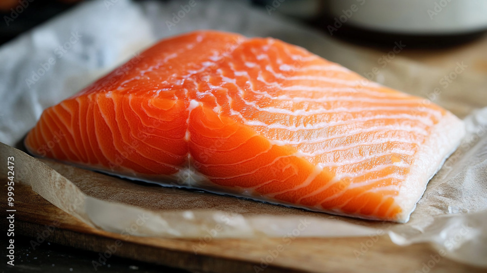 Fresh salmon fillet placed on parchment paper ready for cooking or preparation in the kitchen Fresh salmon fillet placed on parchment paper ready for cooking or preparation in the kitchen