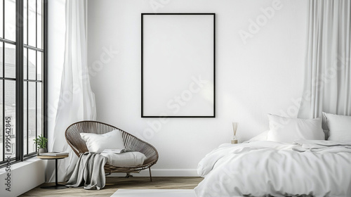 Minimalist Bedroom Interior Design with White Bedding  Black Frame  and Wicker Chair