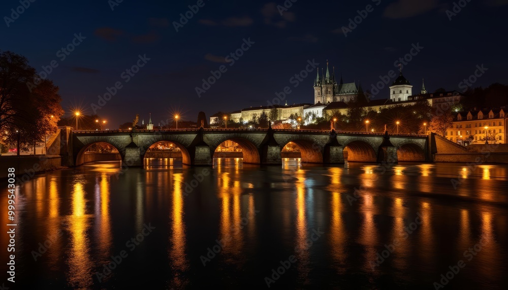 Glowing cityscape at night illuminated bridge over calm river Glowing cityscape at night illuminated bridge over calm river