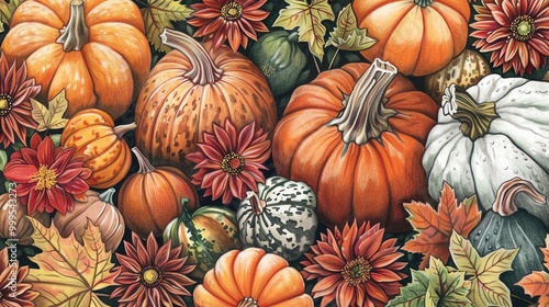 Ripe orange pumpkins scattered among vibrant autumn leaves on the ground